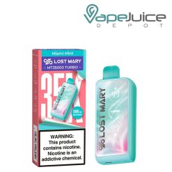 A Box of Miami Mint Lost Mary MT35000 Turbo Disposable with a warning sign and a device next to it - Vape Juice Depot