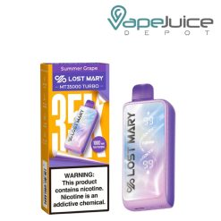 A Box of Summer Grape Lost Mary MT35000 Turbo Disposable with a warning sign and a device next to it - Vape Juice Depot