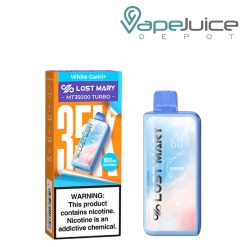 A Box of White Gami+ Lost Mary MT35000 Turbo Disposable with a warning sign and a device next to it - Vape Juice Depot