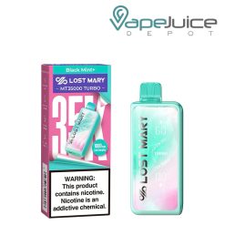 A Box of Black Mint+ Lost Mary MT35000 Turbo Disposable with a warning sign and a device next to it - Vape Juice Depot