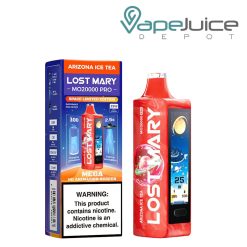 A Box of Arizona Ice Tea Lost Mary MO20000 Pro Disposable with a warning sign and a disposable with HD screen next to it - Vape Juice Depot