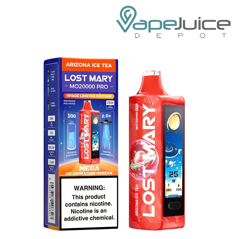 A Box of Arizona Ice Tea Lost Mary MO20000 Pro Disposable with a warning sign and a disposable with HD screen next to it - Vape Juice Depot