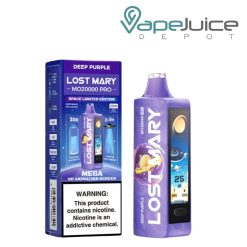 A Box of Deep Purple Lost Mary MO20000 Pro Disposable with a warning sign and a disposable with HD screen next to it - Vape Juice Depot